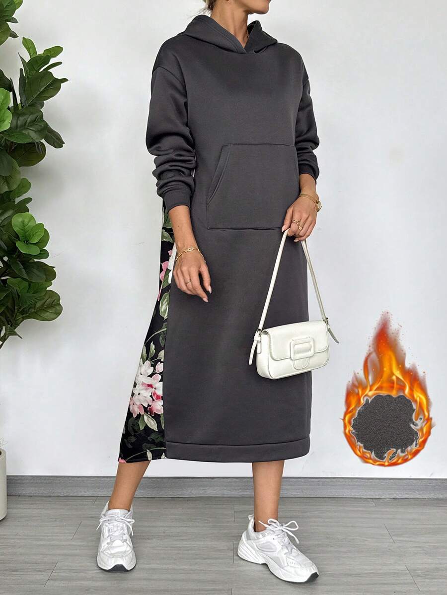 EMERY ROSE 女士休闲宽松长款卫衣连衣裙，背面印花设计，适合秋冬季穿着 - 深灰色 - 查看 1