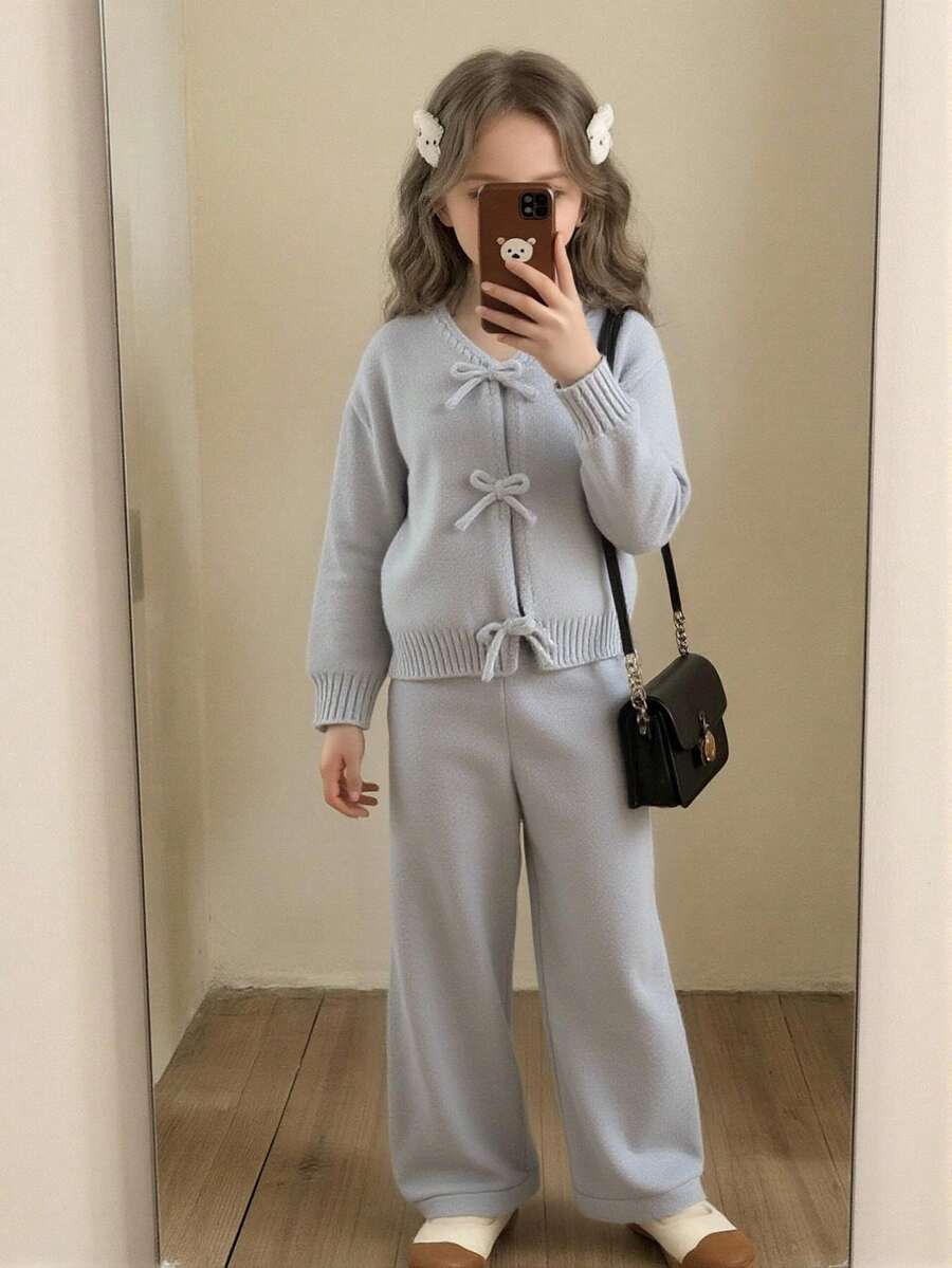 Young Girl Two Pieces Set With A Bow Knitted Long-Sleeved Cardigan And Knitted Wide-Leg Trousers. It Is Suitable For Autumn And Winter, Christmas, Back-To-School Outfit Girls Co Ord Sets Two Piece Set Women Girl Knit Set Knit Two Piece Set Blue Knit Set - Light Grey - View 1