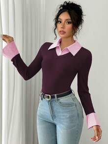 SHEIN PETITE 女款粉色與白色條紋長袖連身衣，秋季優雅辦公室返校商務休閒學院風，AB拼接領喇叭袖口 - 中紫紅色 - 查看 4