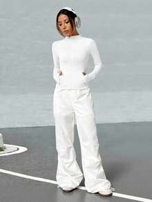 SHEIN EZwear Áo khoác thể thao nữ có khóa kéo toàn thân, thoáng khí, nhẹ, thích hợp cho chạy bộ, tập thể dục, yoga vào mùa thu/đông. - trắng - Xem 3