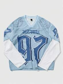 ROMWE MEN Street Life Áo thun cổ chữ V 2 trong 1 in số và chữ thể thao thường ngày dành cho bé trai tuổi teen, Xuân/Thu - Nhiều màu - Xem 1