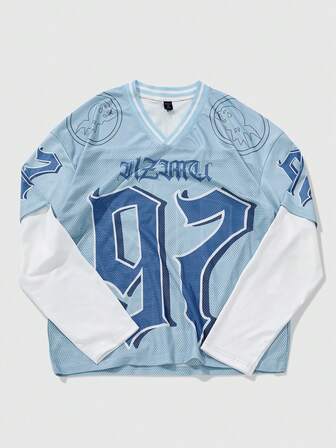 Street Life تي شيرت كاجوال رياضي للمراهقين الأولاد بطبعات أرقام وحروف على الرقبة V، موديل 2 في 1، مناسب للربيع والخريف