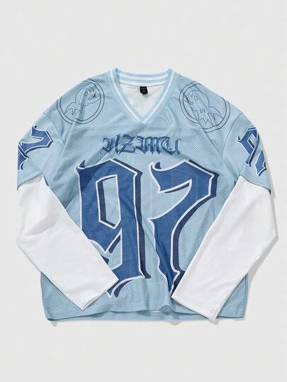 Street Life تي شيرت كاجوال رياضي للمراهقين الأولاد بطبعات أرقام وحروف على الرقبة V، موديل 2 في 1، مناسب للربيع والخريف