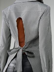 MISSGUIDED Blusa ajustada de manga larga con cuello en V y lazo en la espalda en color rosa claro, para uso casual en la oficina o trabajo, de moda para otoño, invierno y primavera