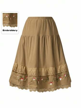 Fairycore Vintage Elegant Brown Forest Mushroom & Wild Flower Embroidery Lace Trim Plus Size A-Line Skirt, Autumn/Winter Plus Size Women Skirt