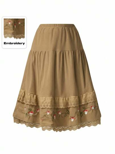 Fairycore Vintage Elegant Brown Forest Mushroom & Wild Flower Embroidery Lace Trim Plus Size A-Line Skirt, Autumn/Winter Plus Size Women Skirt