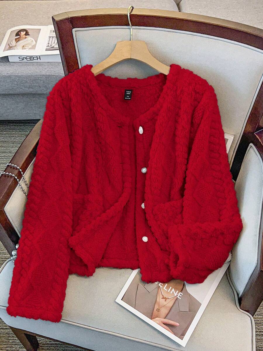 GlowEve CURVE Plus Size Elegant Reversible Argyle Pattern Crew Neck Jacketvalentine's Day  Valentine Outfits For Women  Valentine Outfits For Women  Valentine Clothes  Valentine's Day Outfit Plus Size Valentines  Valentine Outfits For Women Red Cardigan Women Fluffy Cardigan Cardigan Sweater Red Sweater Faux Fur Cardigan - Red - View 1