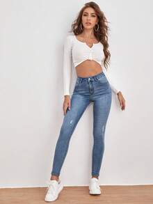 EMERY ROSE Jeans ajustados casuales y versátiles para mujer con bolsillos rasgados - Azul - Ver 6