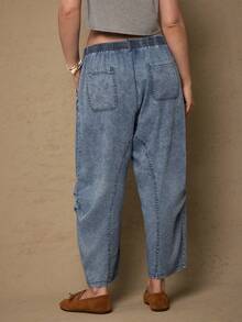 Freevana Plus Size Women Elastic Waist Pockets Loose Fit Tapered Casual Pants Boho Women Clothing Casual Pocket Jeans Embroidery Baggy Jeans Women Loose Jeans - Blue - View 7