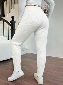 SHEIN EZwear 加大码黑色高腰休闲保暖打底裤，秋冬季 - 白色 - 查看 3