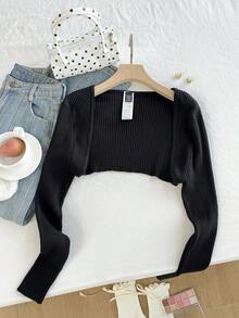 Comfortcana Suéter De Cárdigan Corto De Talla Grande Para Mujer, Con Color Sólido - Negro - Ver 4
