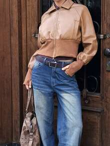 Chiquease Jaqueta de Couro PU de Ajuste Slim com Colarinho Retrô, Zíper, Lapela Vintage, Cintura de Qualidade, Outono/Inverno - Caqui - Visão 1