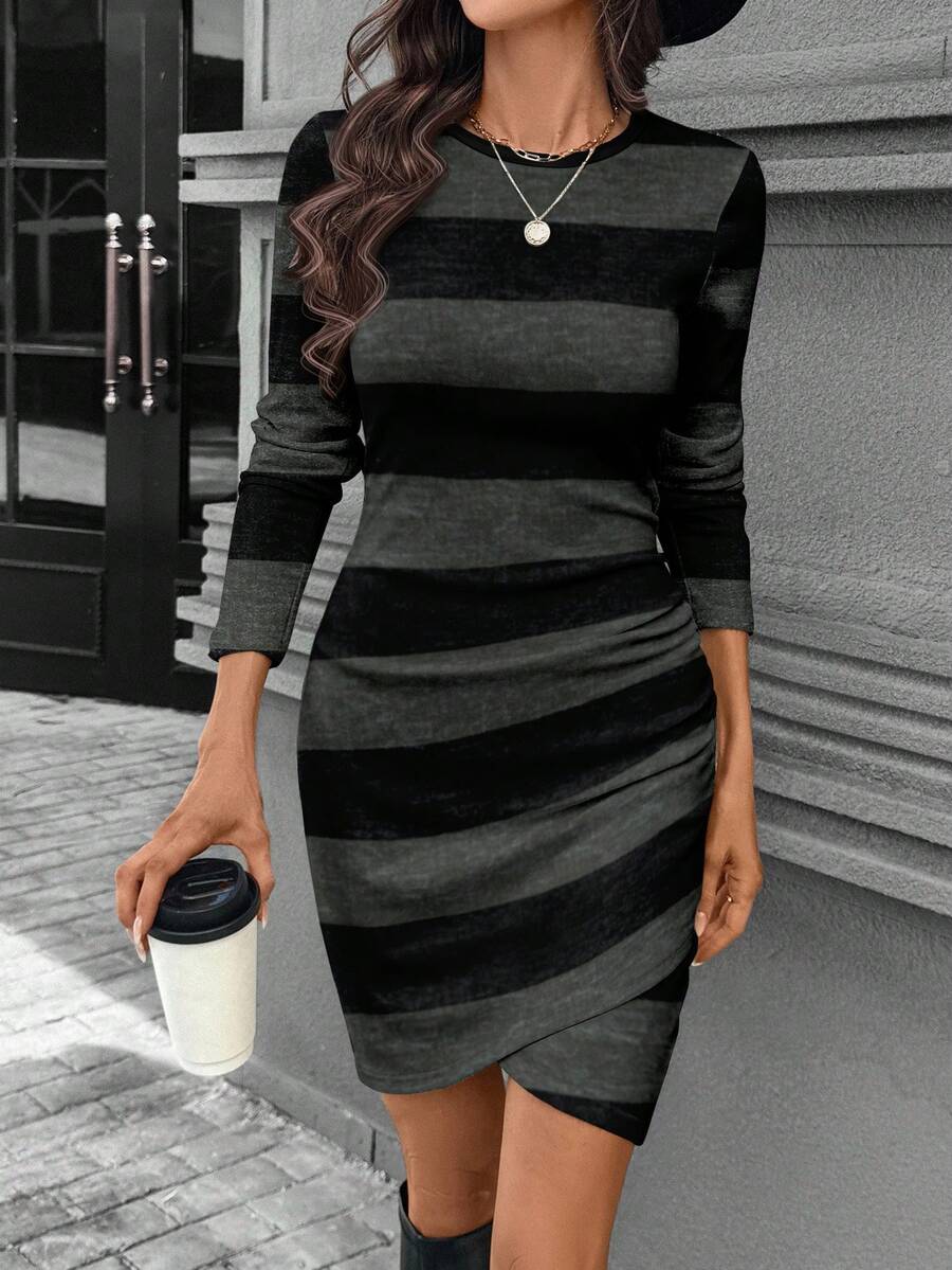 SHEIN LUNE Women's Casual Black & Gray Striped Dress,Autumn Long Sleeve Tight Ruched Ribbed Short Dress,Vintage Irregular Hem Waist Date School Commuting Dress - Multicolor - View 1