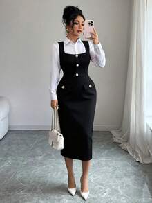 Elenzga 新款优雅法式针织面料方领无袖修身显瘦珍珠纽扣连衣裙，百搭休闲日常女装 - 黑色 - 查看 5