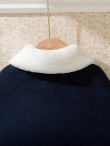 Souflis Souflis 2025新款优雅法式白色毛领藏蓝色超大羊毛大衣，女士款