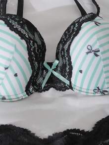 DelicateAllure 2pcs Mint Green Underwire Padded Contrast Stripe Bow Supportive Cute Women Lingerie Set - Green - View 3