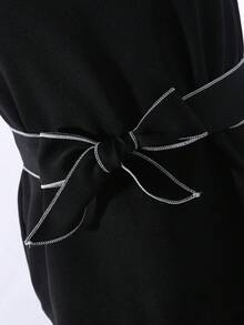 2pcs/Set Fashionable & Elegant Tween Girls' Contrast Color Camisole And Pants Set, Black & White Color Block Design With Bow Waist Belt Decor, Flattering Silhouette, Suitable For Daily Wear And Occasions - Black - View 6