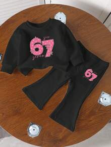 2pcs/Set Young Girl Casual Pink 67 Star Graphic Sweatshirt And Black Flare Pants, Comfortable & Versatile For Autumn, Winter, Spring, Suitable For Daily Wear And Home - Black - View 6