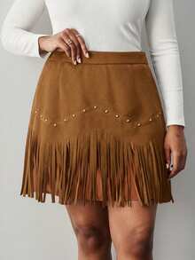 SHEIN Tall CURVE Falda A-Line de ante negro con remaches y flecos estilo hippie vintage para mujer de talla grande, falda de otoño e invierno, atuendos de Nashville, falda de pirata - Marrón - Ver 3