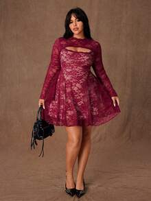 大码女式弹力蕾丝边饰蕾丝胸前镂空喇叭袖酒红色优雅复古性感派对及膝A字连衣裙 - 酒紅色 - 查看 7