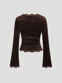 Sweetra 复古法式修身喇叭袖蕾丝领百搭女式T恤 - 摩卡棕 - 查看 2