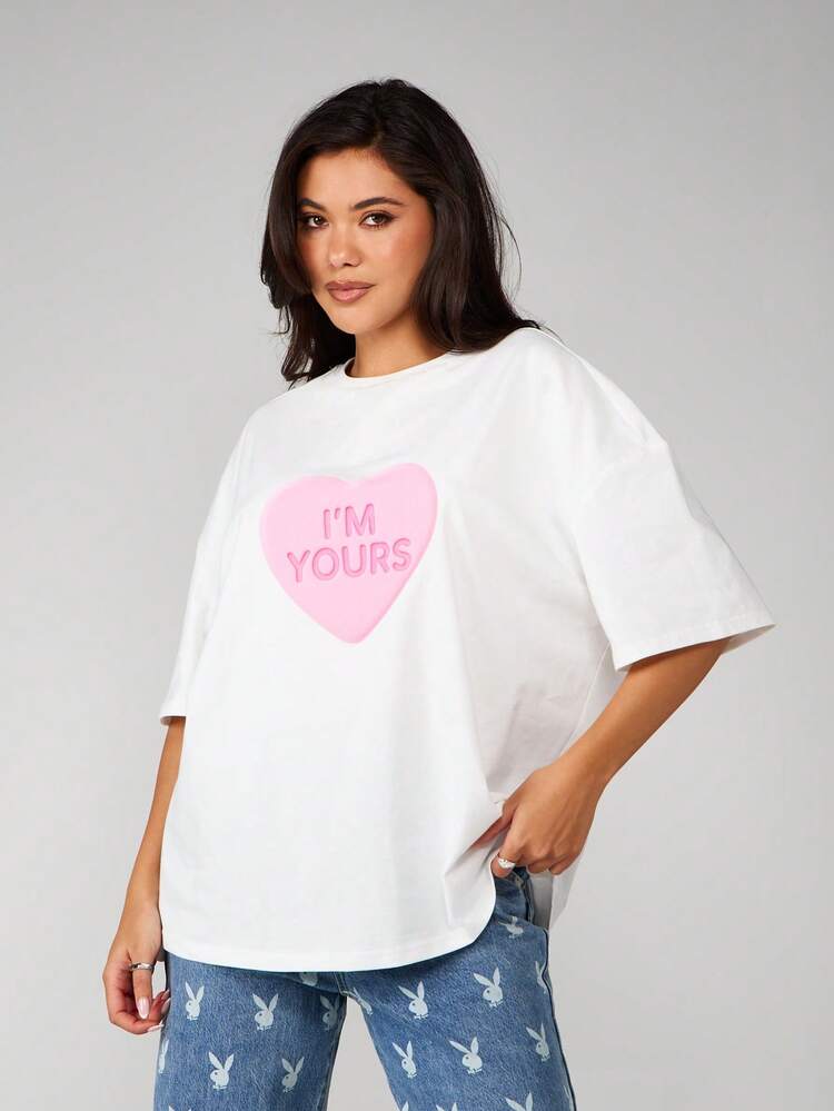 MISSGUIDED Camiseta de Algodão com Manga Curta, Estampa Gráfica de Coração Oversized e Slogan "Eu Sou Seu Amor" para Uso Casual no Dia dos Namorados, Primavera e Verão