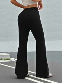 SHEIN EZwear 女式休闲刺绣喇叭针织裤 - 黑色 - 查看 2