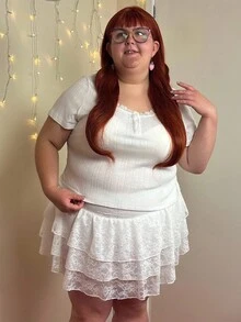 Enliva Abidrinkell Plus Size White Lace Decor Knit Jacquard Short Sleeve T-Shirt, For Apple Rounded Body Shape - White - View 7