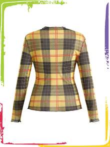 Teletubbies X ROMWE Blusa de manga larga con malla y estampado de cuadros y dibujos animados, talla grande, otoño - Multicolor - Ver 2