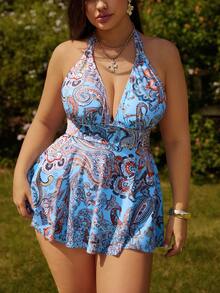 Swim Vcay Vestido de baño casual con estampado floral vintage para mujer de talla grande - Azul - Ver 1