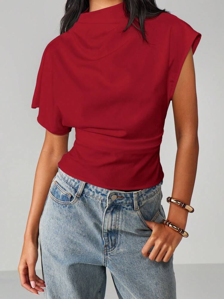 MISSGUIDED Top de Tricô com Gola Alta Relaxada de Manga Curta com Detalhe de Cintura Franzida para Uso Casual Diário