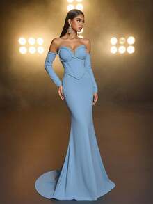 Glamrae 优雅、浪漫、奢华、时尚、魅力四射、石板蓝、亮片面料、鱼尾裙摆、拖尾，适合度假、婚礼、单身派对、正式舞会、晚宴等场合的礼服 - 霧霾藍 - 查看 6