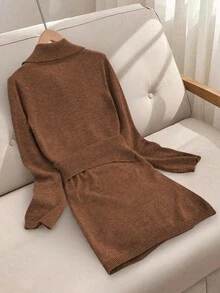 Franclia 女士纯色长袖单排扣针织开衫和修身针织裙套装，秋冬款 - 棕色 - 查看 2