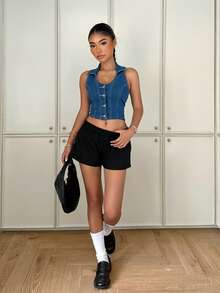 SHEIN EZwear Chaleco corto y sin mangas de mezclilla de mujer de estilo halter y de un solo botón, de moda para el verano - Azul - Ver 6