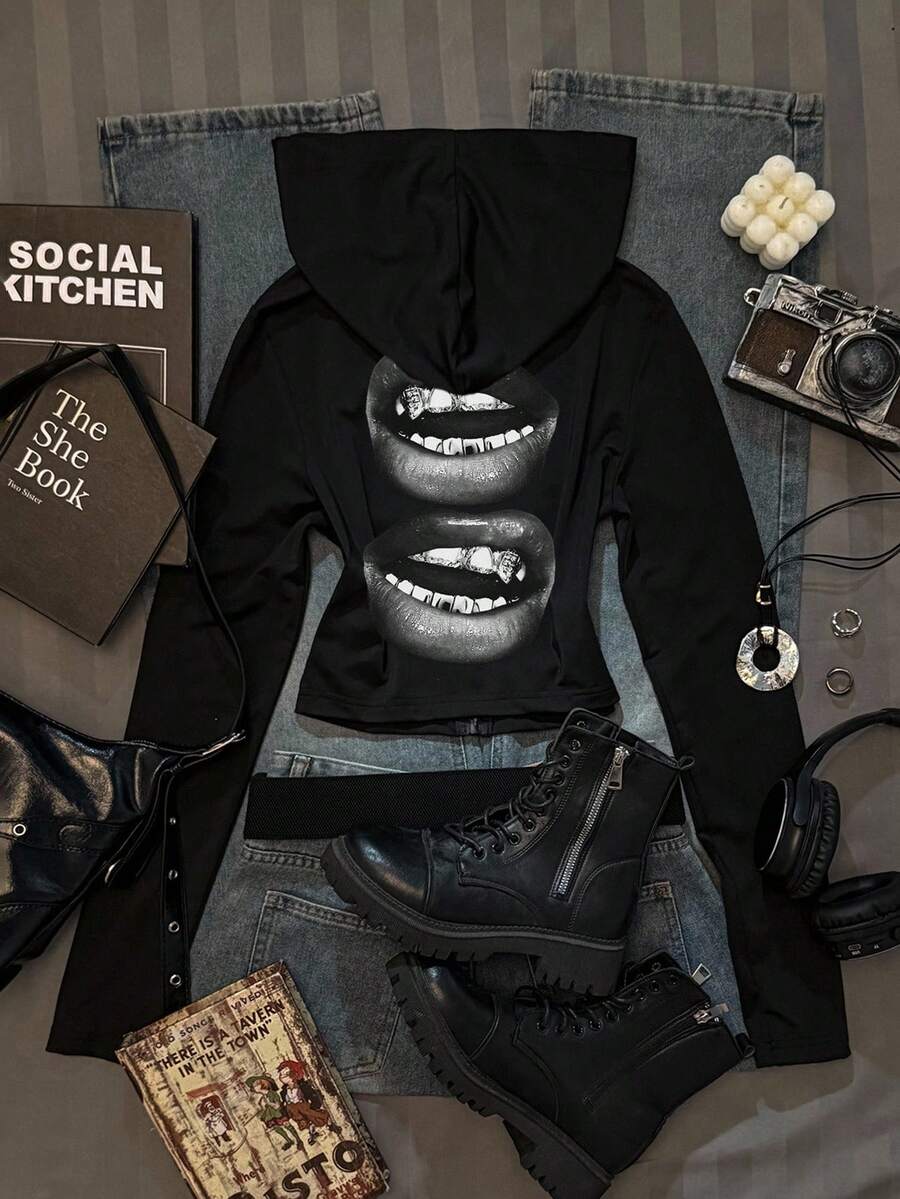 Attitoon Casual Minimalist Street Style Black & White Graffiti Lip Print Tight Fit Long Sleeve Hoodie T-Shirt, Vintage, Academia, Versatile, Sexy, Cute, Y2K, Coconut Girl, Boho, Hippie, Music Festival, Suitable For Autumn/Winter,Fall,Fall Clothes For Women,Women's Winter Clothes - Black - View 1