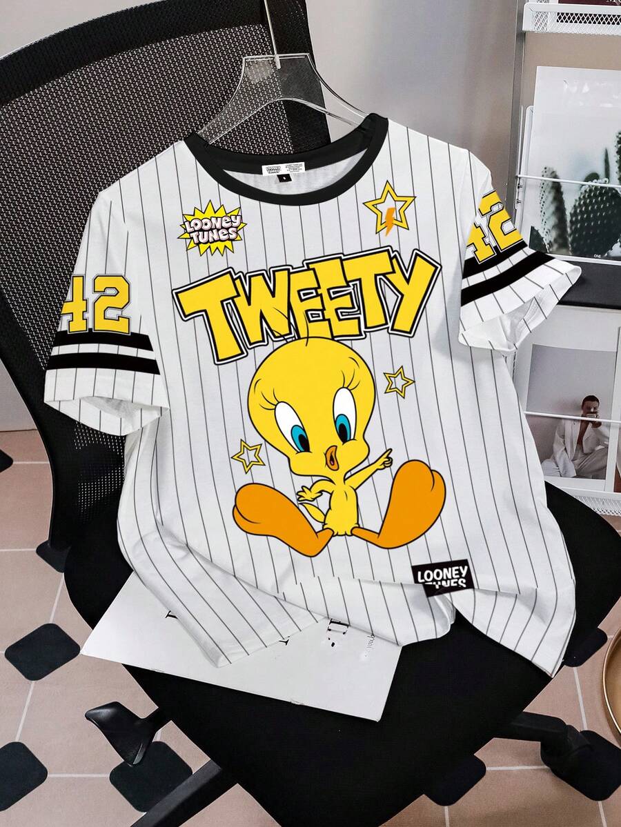 LOONEY TUNES X SHEIN Áo thun tay ngắn họa tiết sọc số chữ cái dễ thương thường ngày dành cho nữ, thoải mái cho mùa hè - trắng - Xem 1