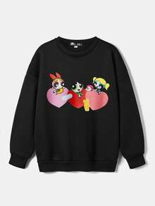 THE POWERPUFF GIRLS X SHEIN Tween Girl Casual Printed Long Sleeve Round Neck Sweatshirt, Suitable For Autumn And Winter - Black - View 7