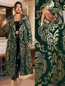 Cravure Áo khoác dài tay cổ bẻ in họa tiết lá kim cỡ lớn, dáng chữ A, cài hai hàng khuy, thanh lịch cho tiệc tùng, đi chơi, tụ tập, ăn tối - Màu xanh lá cây đậm - Xem 4