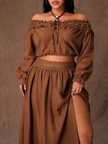 Rustia Conjunto de 2 piezas de blusa de manga larga con volantes de un hombro y falda con abertura lateral para mujer talla grande - Marrón - Ver 6
