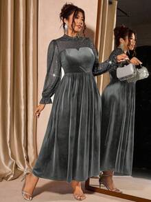 Cravure 大码女式网纱天鹅绒优雅泡泡袖连衣裙，收腰设计，适合派对穿着 - 深灰色 - 查看 3