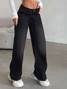 EURMUSE 100%纯棉女士低腰阔腿牛仔裤，带口袋 - 黑色 - 查看 4