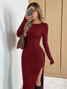 SHEIN EZwear 女士酒红色纯色休闲高开衩长袖露背长裙，性感修身高领街头风长裙，适合圣诞节、情人节穿着 - 酒紅色 - 查看 4