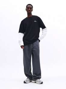 SUMWON 宽松版型抽绳运动裤，侧边口袋，弹性裤脚，舒适居家休闲裤，秋冬春三季必备纯色款 - 深灰色 - 查看 4