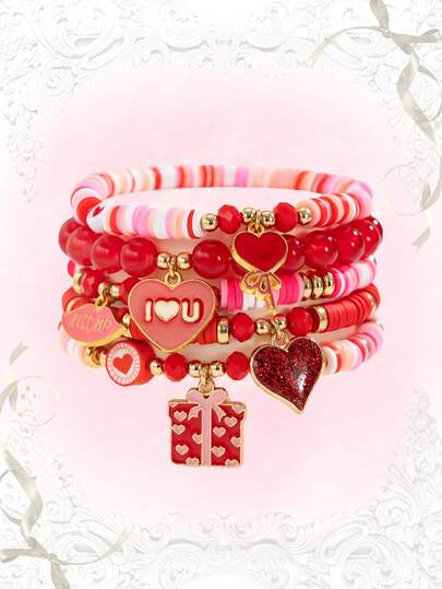 Kawaii 5pcs Fashionable Y2K Cute Heart Pendant Polymer Clay Bracelet Set, Gift For Family & Friends On Valentine's Day,Mom,Mother,Mother's Day,Gift