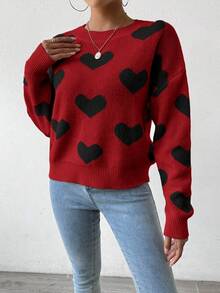 EMERY ROSE Suéter holgado de punto con cuello redondo y hombros caídos con estampado de corazones - Multicolor - Ver 4