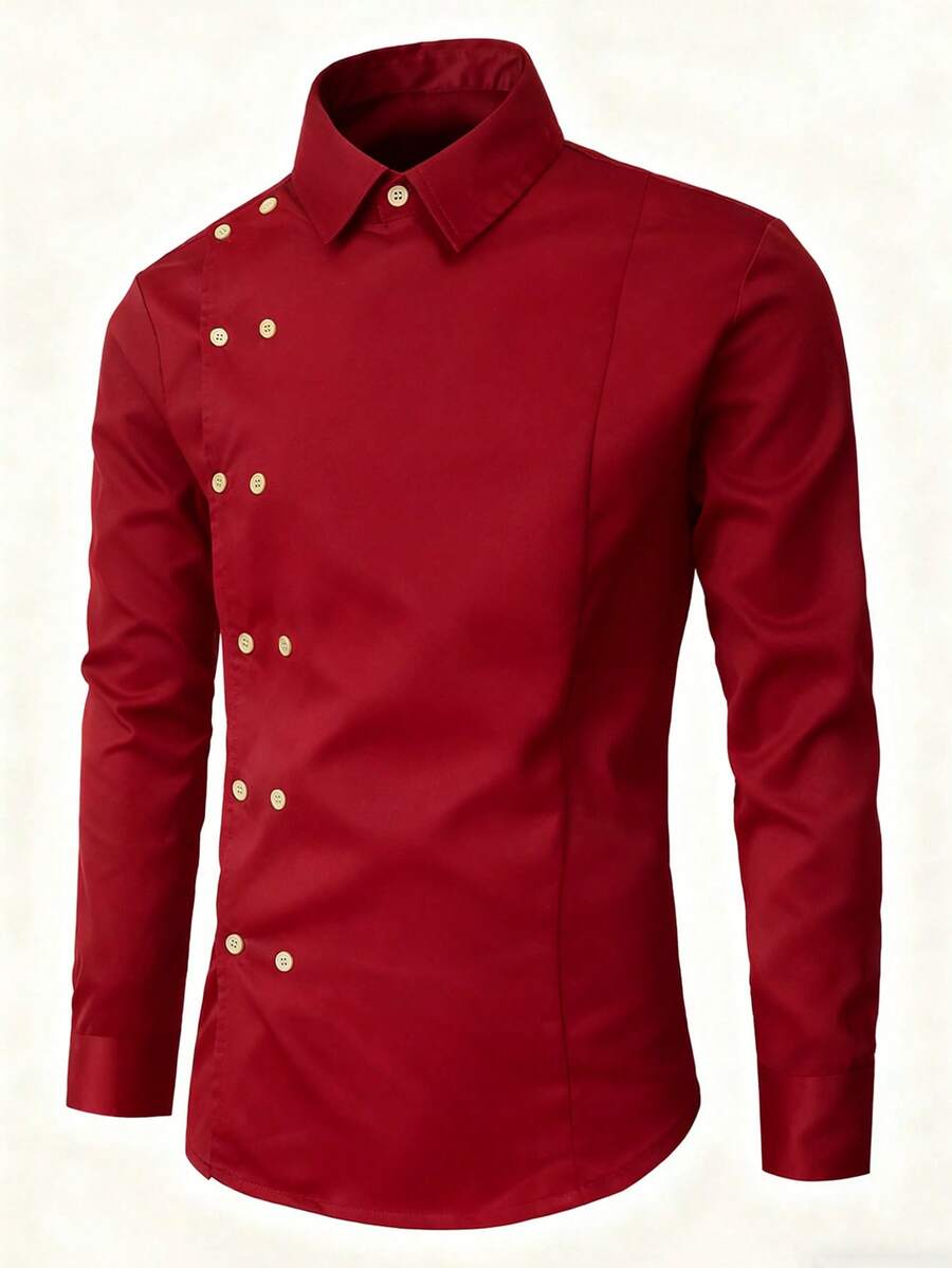 Manfinity Mode Herren Lässig vielseitig einsetzbare Pendler Einfarbiges Langarmhemd - Bordeaux - Übersicht 1