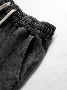 PAVTROS 男士休闲水洗复古短袖T恤短裤套装，夏季，男士，宽松，最佳，男友风，夏季，度假，Y2K，复古，朋友，水洗磨砂雪花图案面料短袖工作短裤T恤套装 - 黑色 - 查看 5