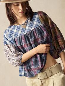 Bohemela Lässiges kariertes Patchwork Loose Damen Hemd - Blau - Übersicht 3