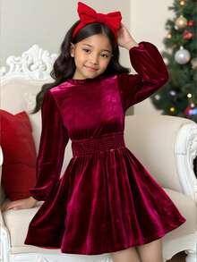 SHEIN Váy nhung dáng chữ A thêu nhún bèo cổ cao màu đỏ rượu vang thanh lịch cho bé gái tuổi mới lớn, thích hợp cho Giáng sinh, năm mới, tiệc tùng - Màu Đỏ Sâu - Xem 5