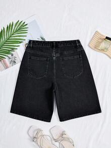 Breezaya شورتات جينز مستقيمة الساق مزينة بالراين ستون مغسولة للنساء - الأسود - مشاهدة 2